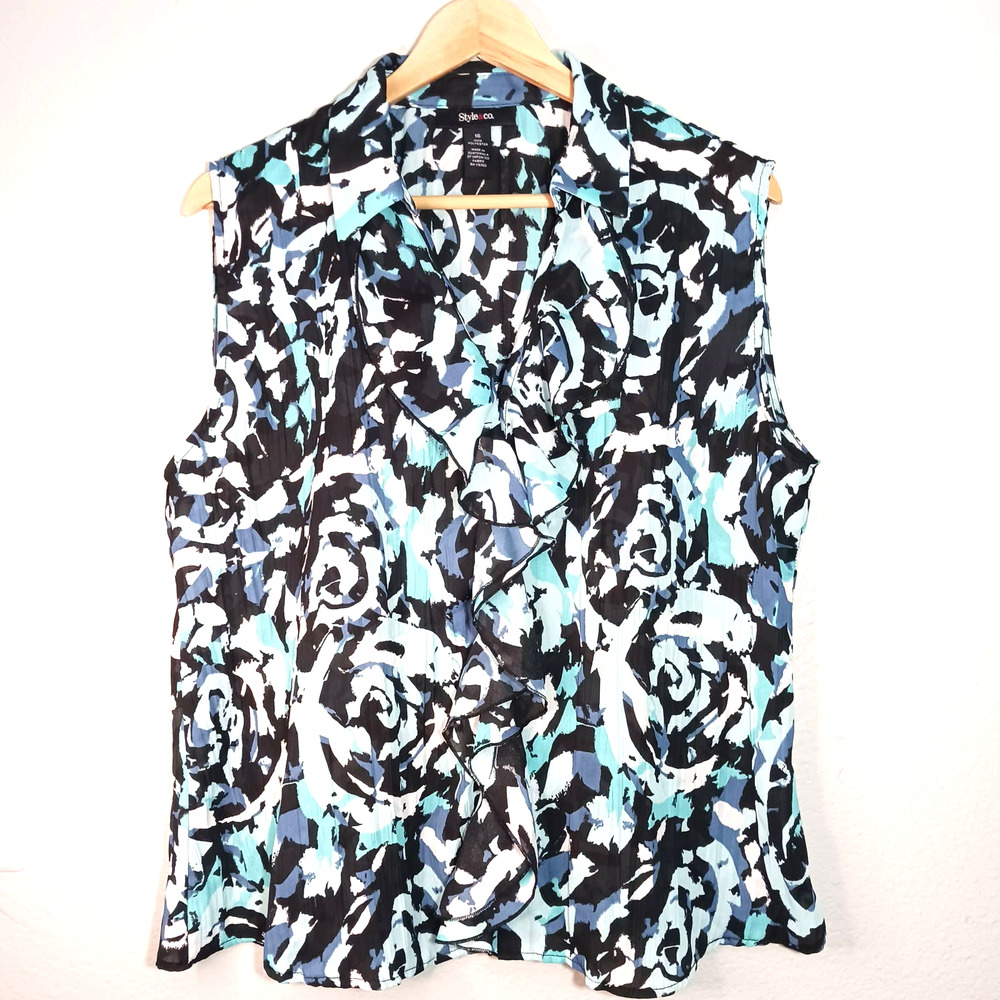 Style&co. Sheer Ruffle Floral V-Neck Sleeveless Blue Black White Size 16 Blouse